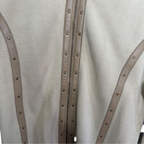 Sigrid Olsen Silk Blend Leather Trim Long Sleeve Crew Neck Cardigan, Size M - Picture 2 of 6